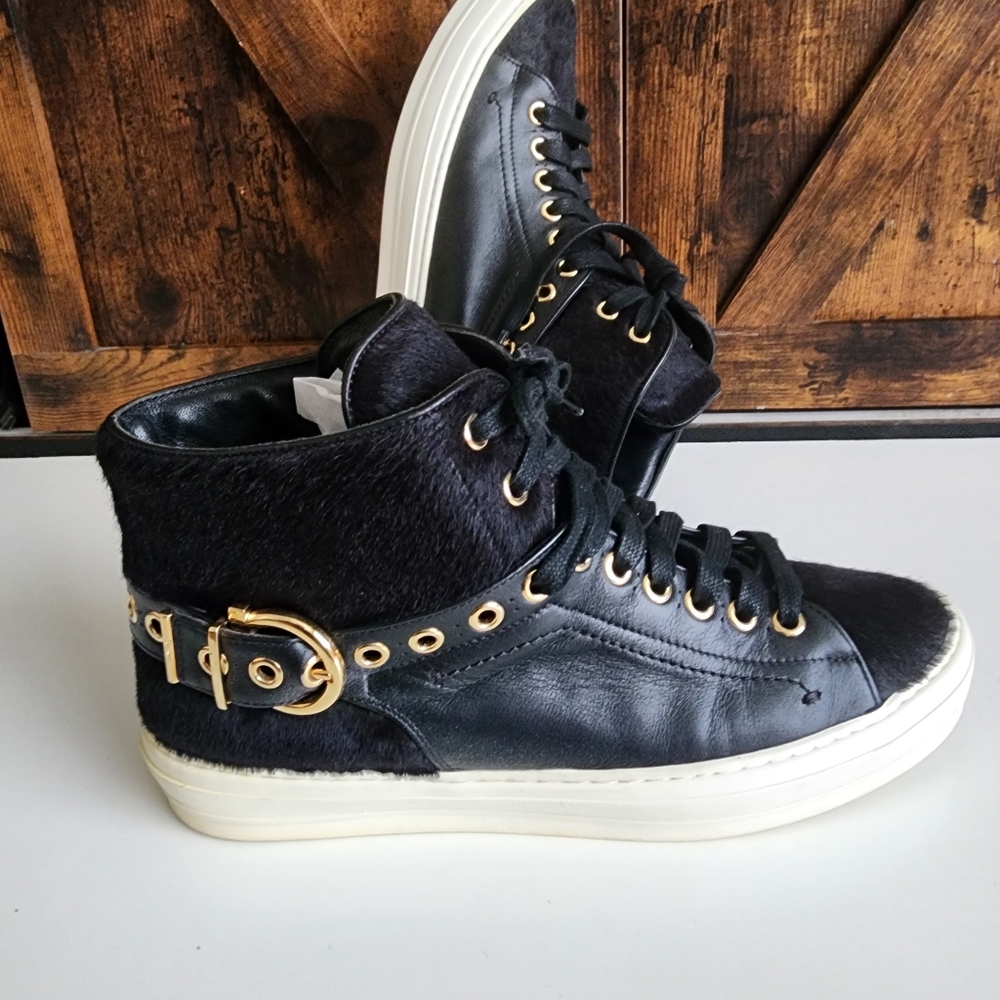 Salvatore Ferragamo Black and Gold High-Top Sneakers